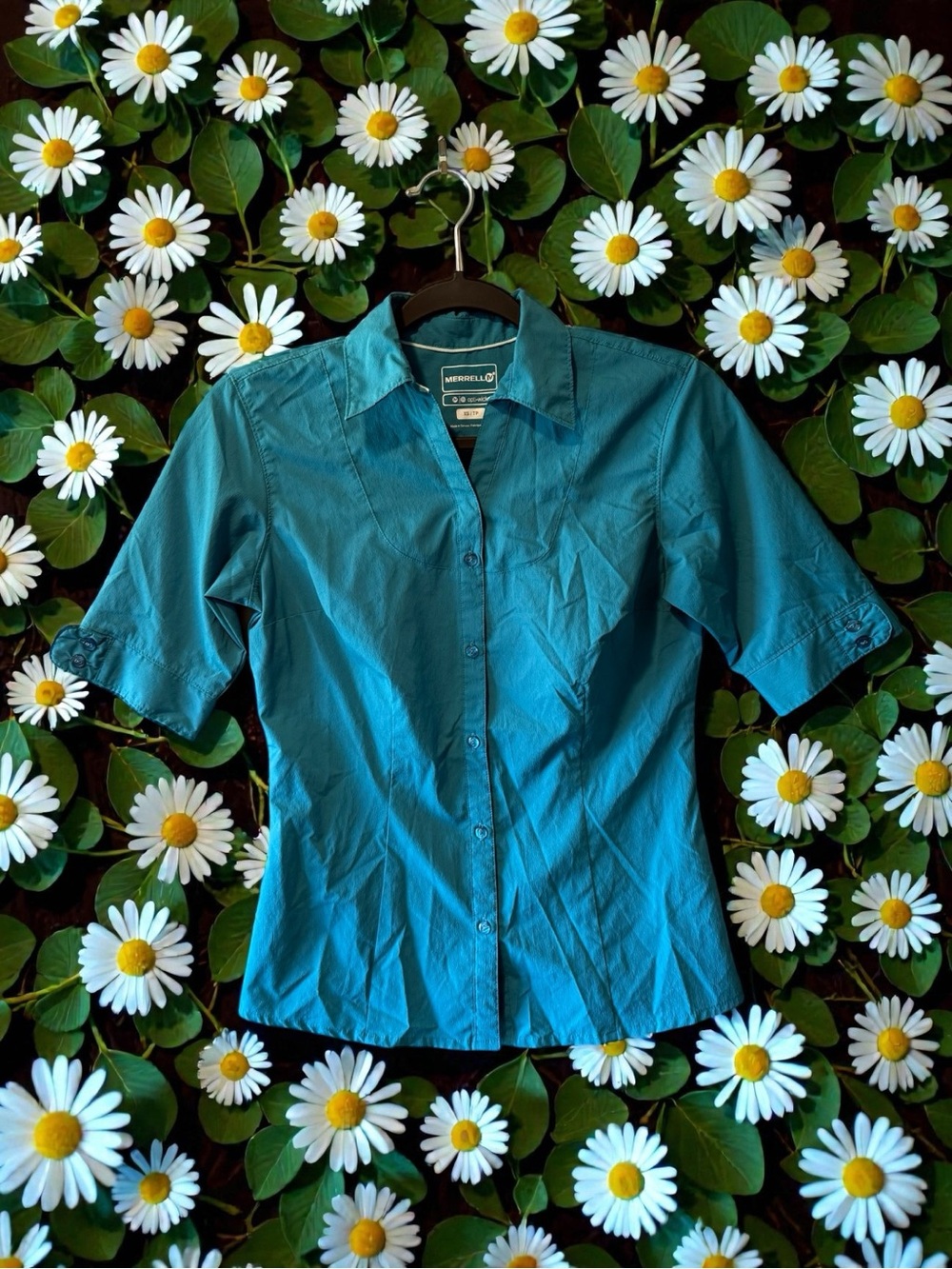Merrell Opti-Wick Teal Blue Short Sleeve Athleisure Button Front Shirt